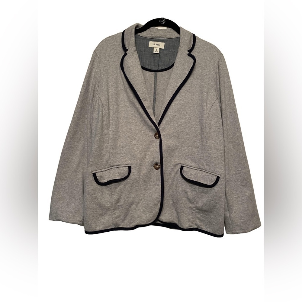 LL Bean 100% Cotton Two Button Jacket in Grey with Navy Trim & Denim Detailing